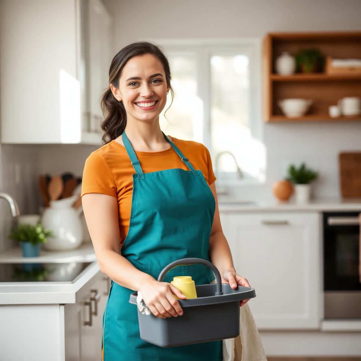 Smiling cleaner holding a cleaning caddy in a bright kitchen